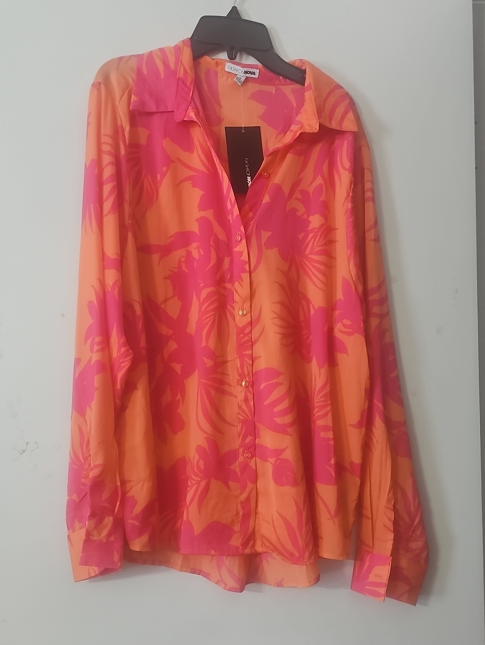 Fashion Nova Orange and Pink Tropical Print Button-Down Shirt